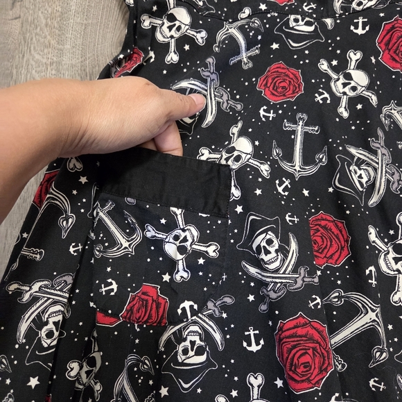 Hell Bunny Vixen Cotton Blend Black Halter Dress with Red Rose & Nautical Print - Picture 5 of 10